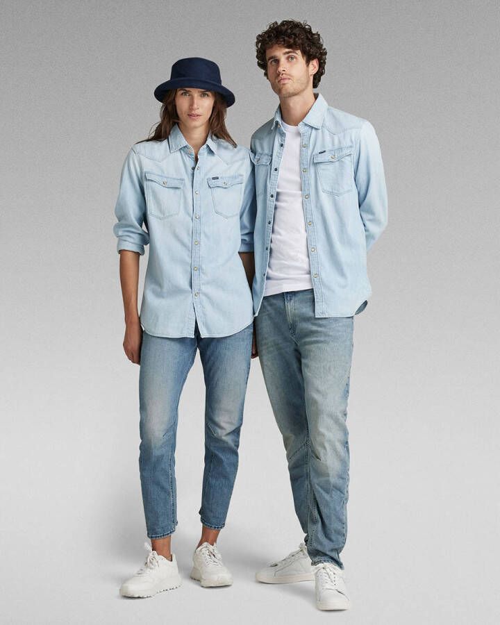 G-Star 3301 slank shirt l s lichte verouderde denim G star, Blauw, Heren